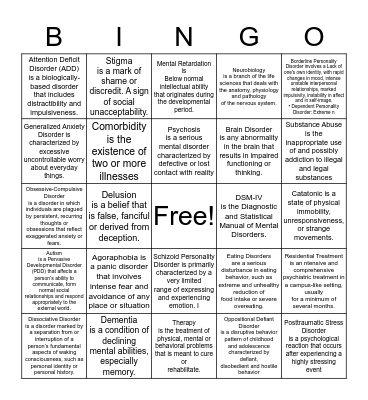 Mental Health Bingo Card