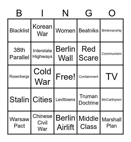 Cold War and 1950s Bingo Card