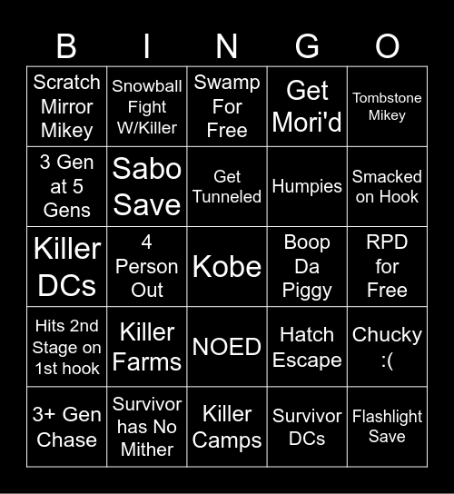 DBD Survivor Bingo Card