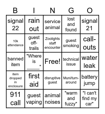 Zoolights Bingo Card