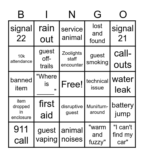 Zoolights Bingo Card