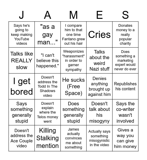 James Somerton Apology Bingo Card
