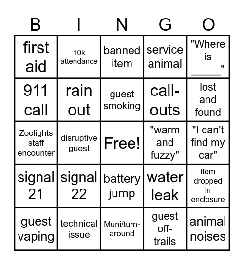 Zoolights Bingo Card