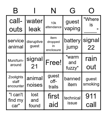 Zoolights Bingo Card