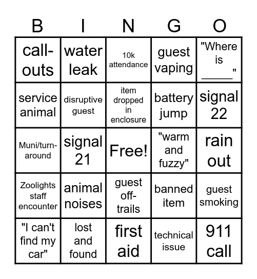 Zoolights Bingo Card