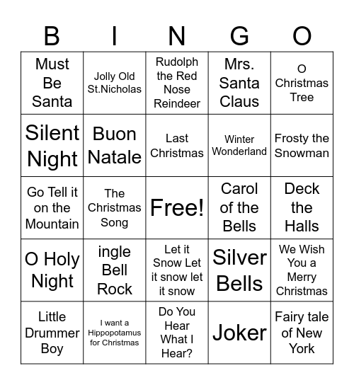 Christmas music bingo Card