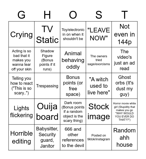 Paranormal video bingo Card