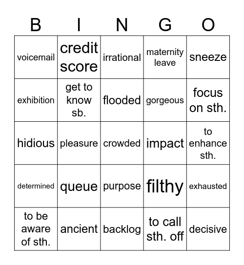 Vocabulary Revision - December Bingo Card