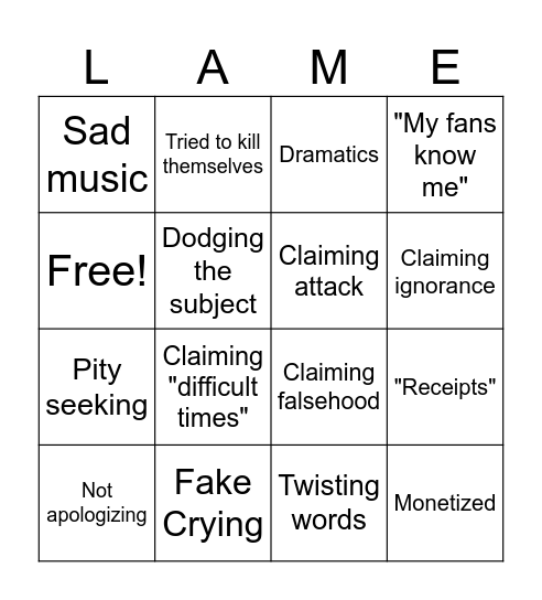 Bad YouTube Apology Bingo Card