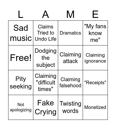 Bad YouTube Apology Bingo Card