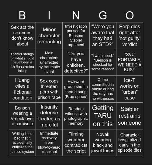 Law & Order SVU: Seasons 1-12 Bingo Card