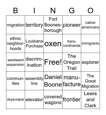 America in the 1700 and 1800's Bingo Card