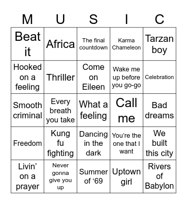 '80s hits Bingo Card