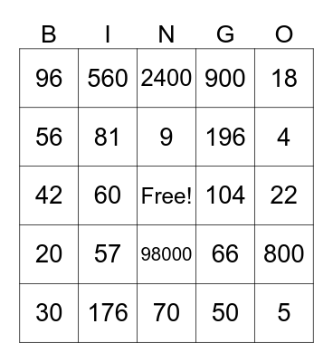 4th Grade Division & Multiplication Bingo Card