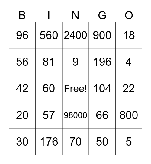 4th Grade Division & Multiplication Bingo Card