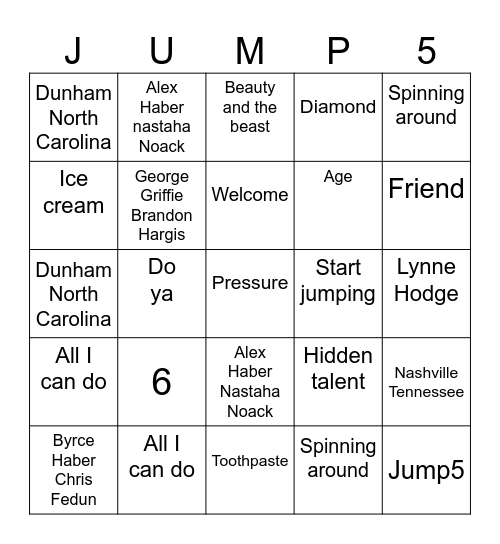Jump5 Bingo Card