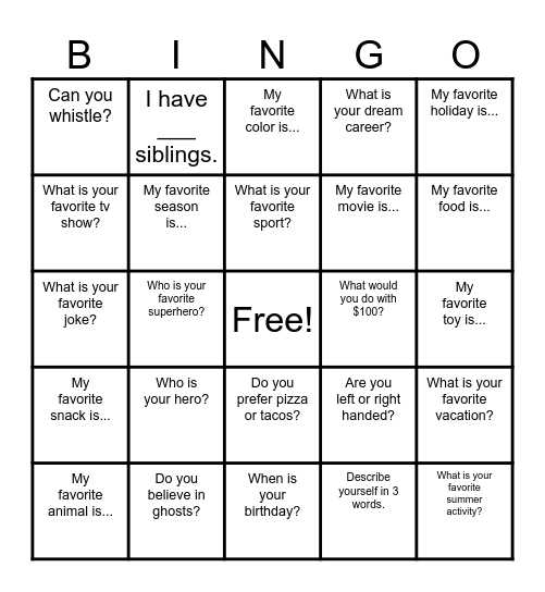 Get To Know Me! Bingo Card