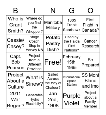 Heritage Fair Bingo Card
