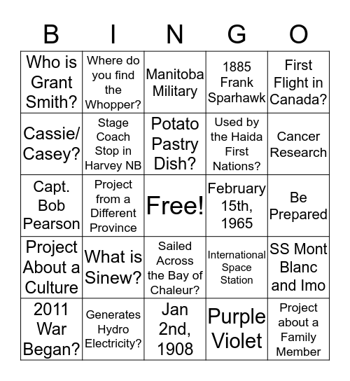Heritage Fair Bingo Card