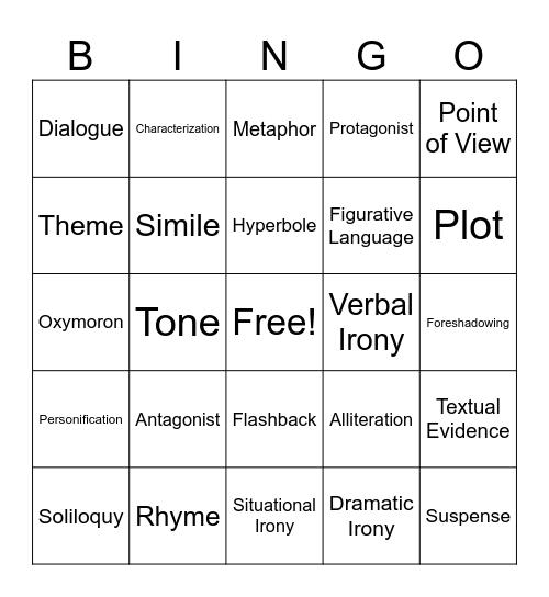 Literary Terms Bingo Card