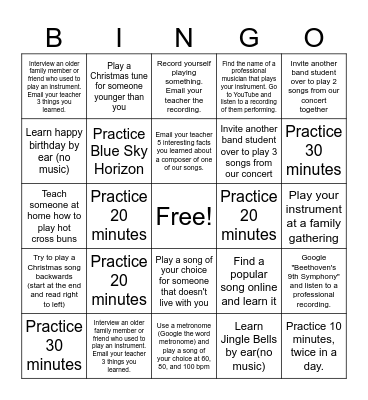 Winter Break Band Bingo Card