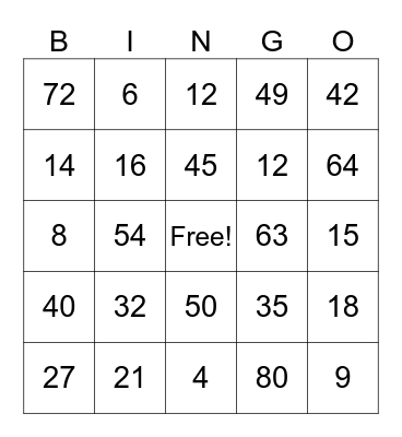 Multiplication 28Bingo Card
