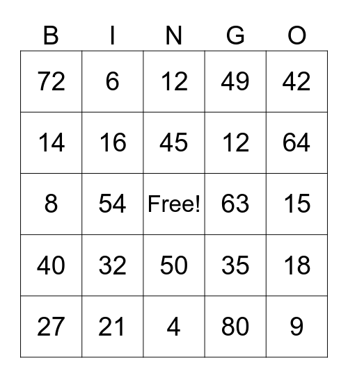 Multiplication 28Bingo Card