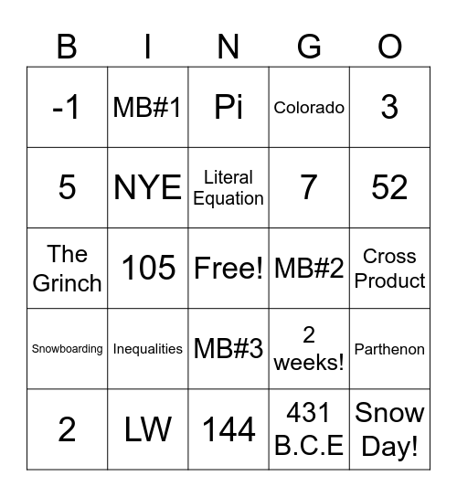 Math Bingo 12/21/23 Bingo Card