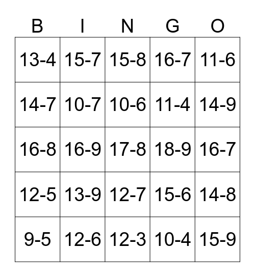 subtraction bingo Card