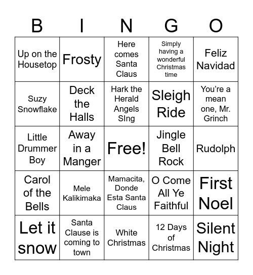 Christmas Carol Bingo Card