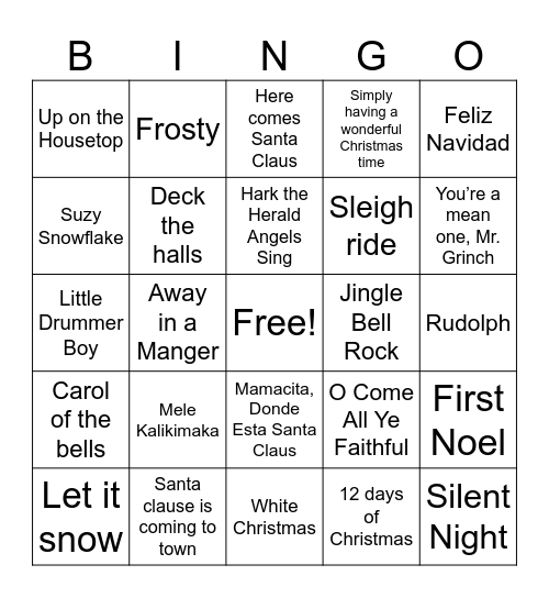 Christmas Carol Bingo Card