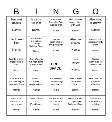 Sam's Birthday Bingo Card