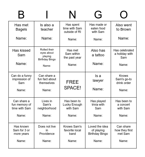 Sam's Birthday Bingo Card