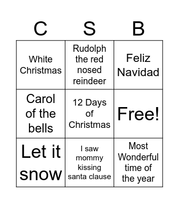 Christmas Song Bingo Card