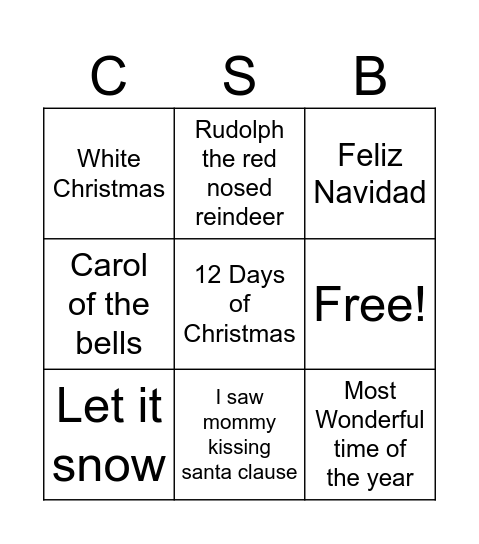 Christmas Song Bingo Card