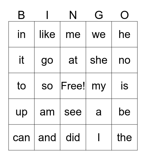Kindergarten Word Wall  Bingo Card