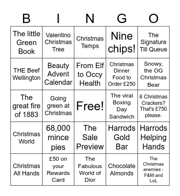 Harrods Christmas Bingo Card