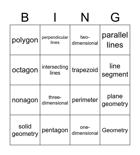 Geometry Vocabulary Bingo Card