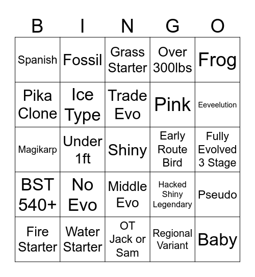 Wonder Trade Bingo Card