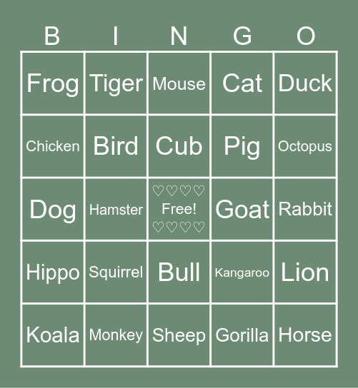 ACNH Villager Species Bingo Card