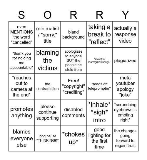 James Somerton Apology Bingo Card