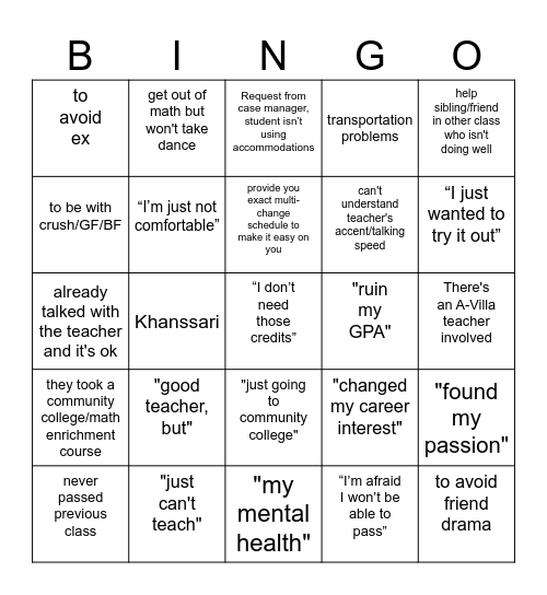 Schedule Change Request Bingo Card