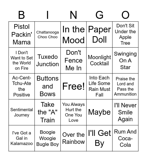 40s Songs Bingo Card