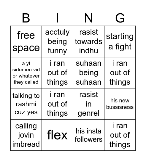 SUHAAN BINGOOOO Bingo Card