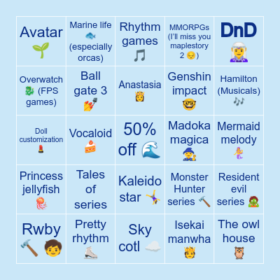 Wea’s hyper fixation bingo Card