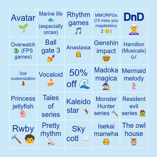 Wea’s hyper fixation bingo Card