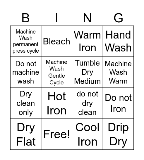 Laundry Symbols Bingo Card