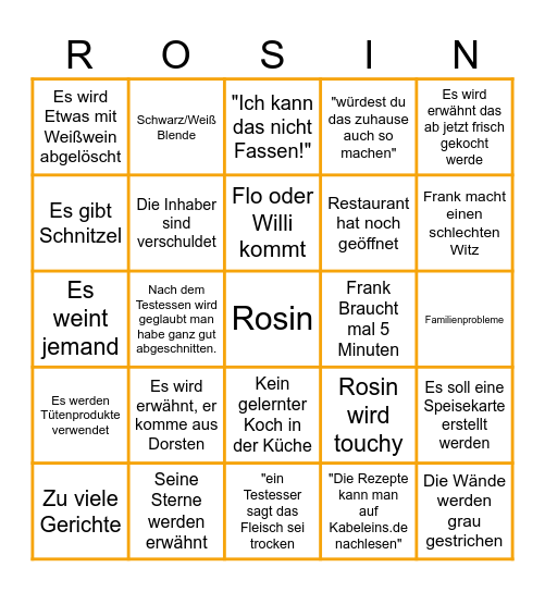 Rosins Restaurant Bingo Card