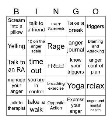 Anger Management Bingo Card