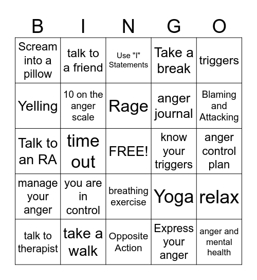 Anger Management Bingo Card